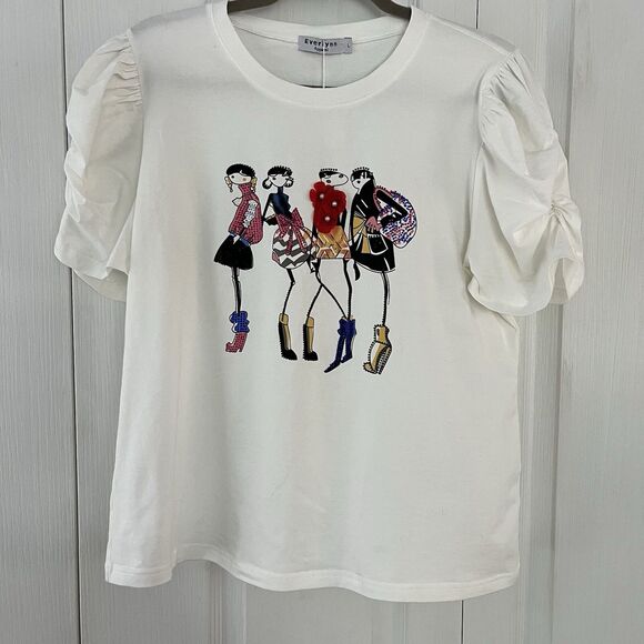 Everlynn Apparel  Puffed Sleeve  Size Large NWT Off White Embellished Round Neck - Picture 1 of 7